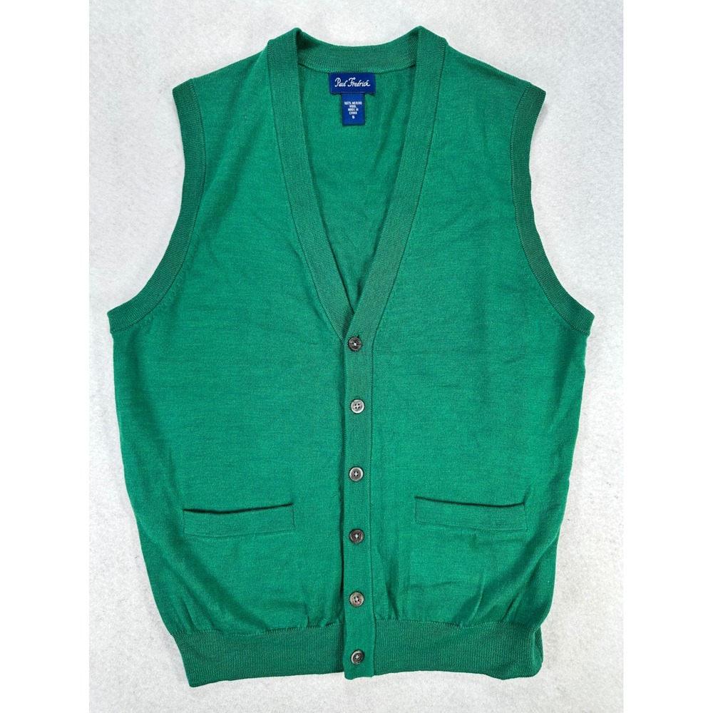 Paul Fredrick Mens Green 100% Merino Wool Button Front Cardigan Sweater Vest S
